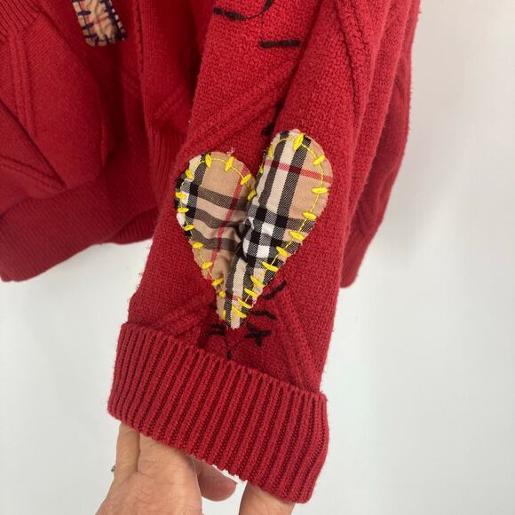 Embroidered Cable Knit Red Patchwork Chunky Cardigan 90s Sporty Grandpa Large - Picture 9 of 15